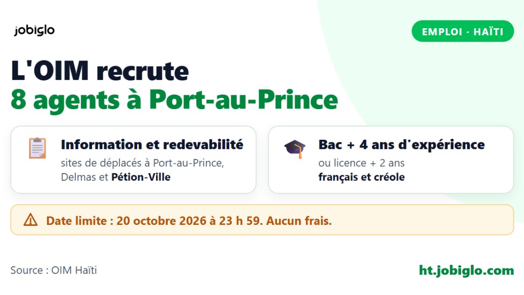 L'OIM recrute 8 agents d'information et de redevabilité à Port-au-Prince : conditions et candidature avant le 20 octobre 2026